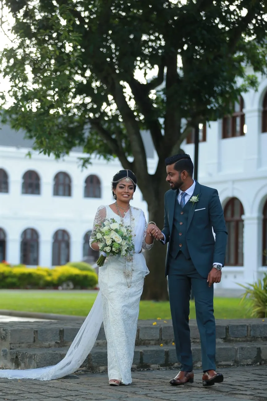 Bride and groom in elegant wedding attire, featuring a tailored suit