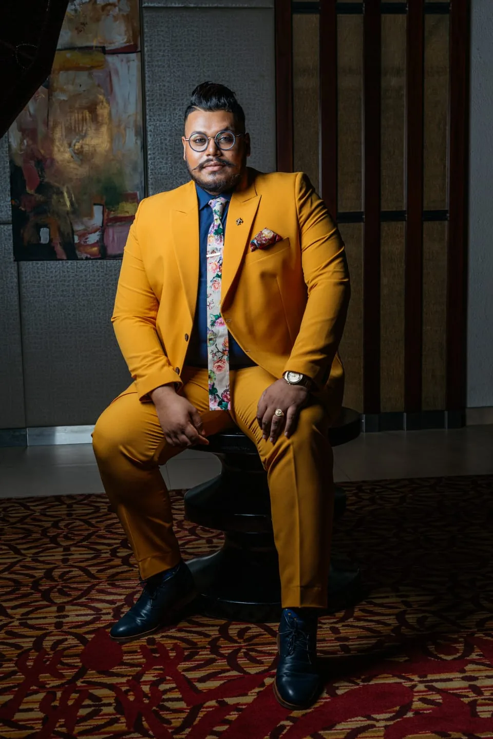 Mustard gold formal suit with coordinated shirt and tie